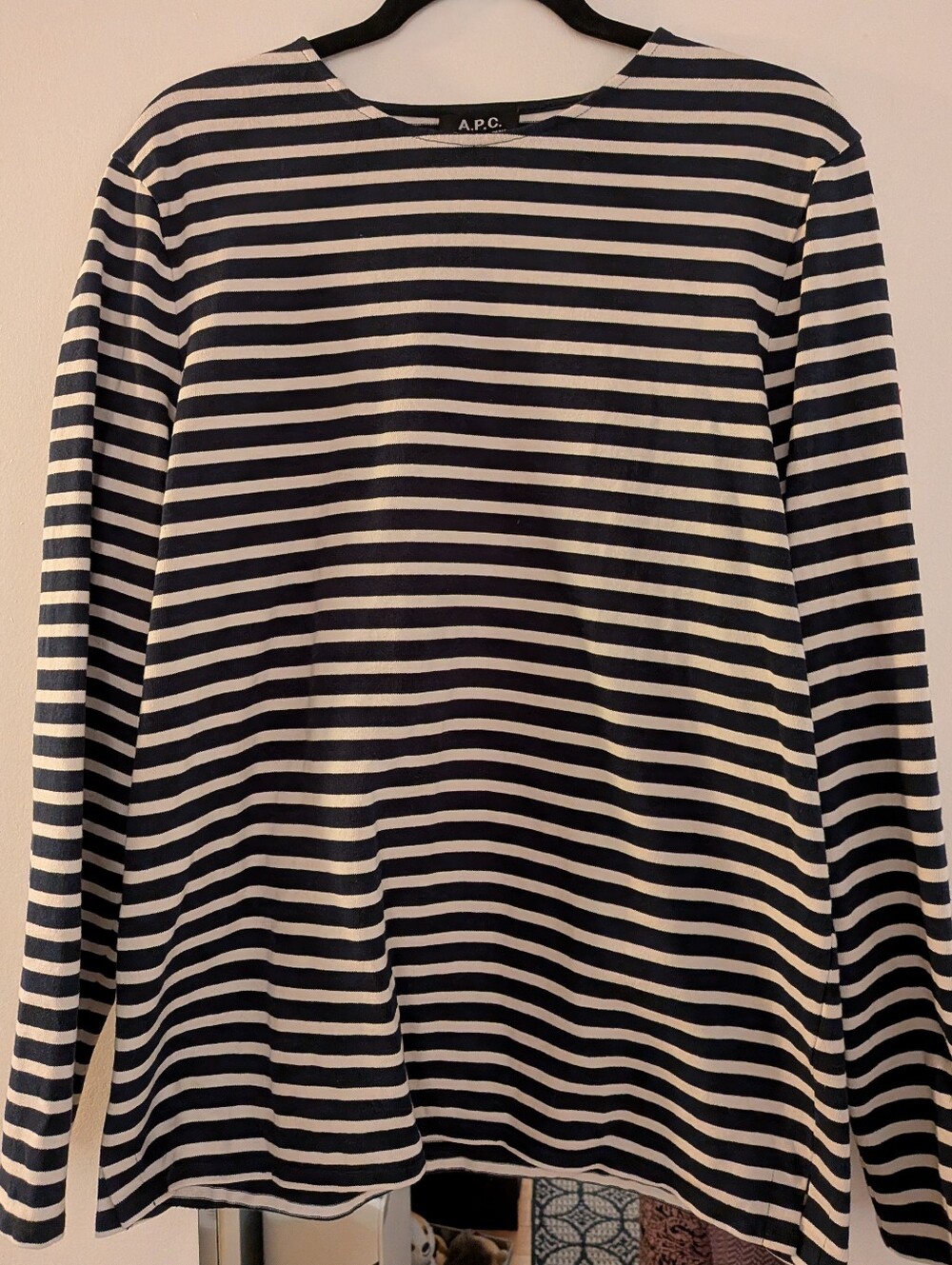 A.P.C. Rue Madame Paris Breton Striped Long Sleeve Tee XL Navy White Logo Patch
